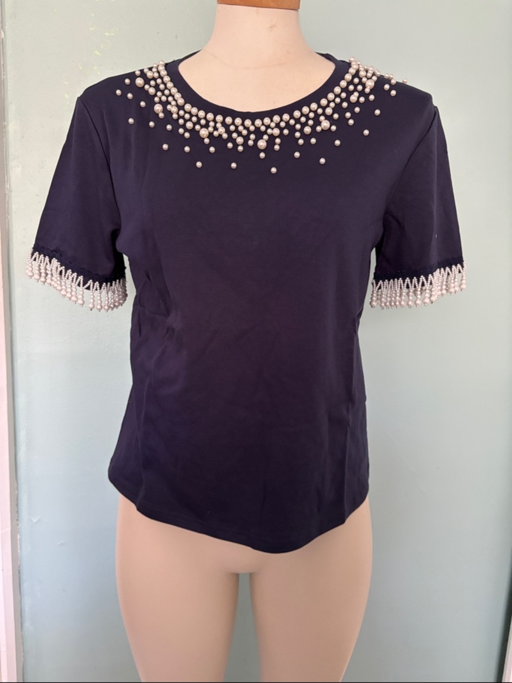 Pearl-Trim Navy Short Sleeve Tee